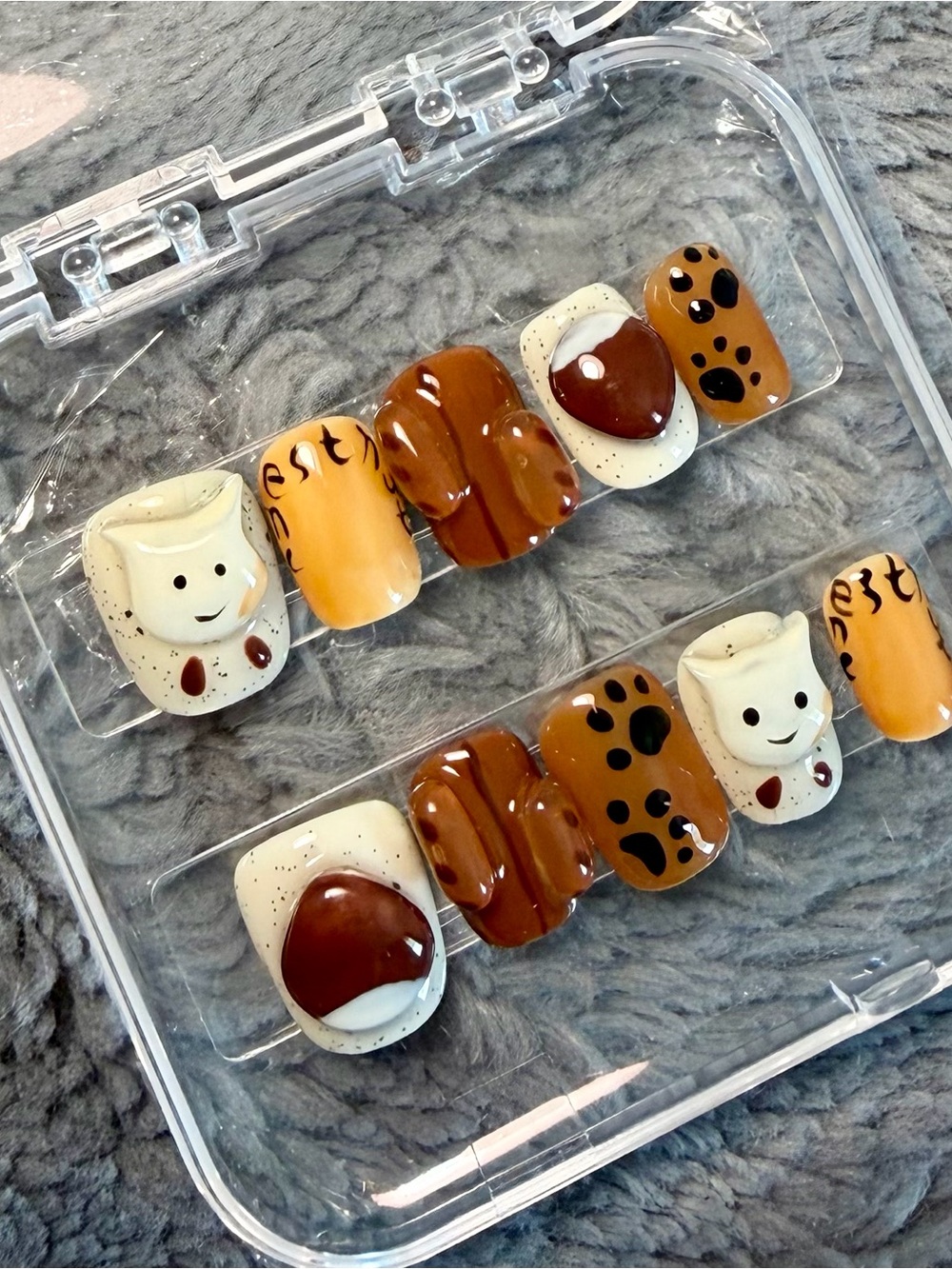 LARGE Cute Cat & Paw Brown Press-On Nail Set